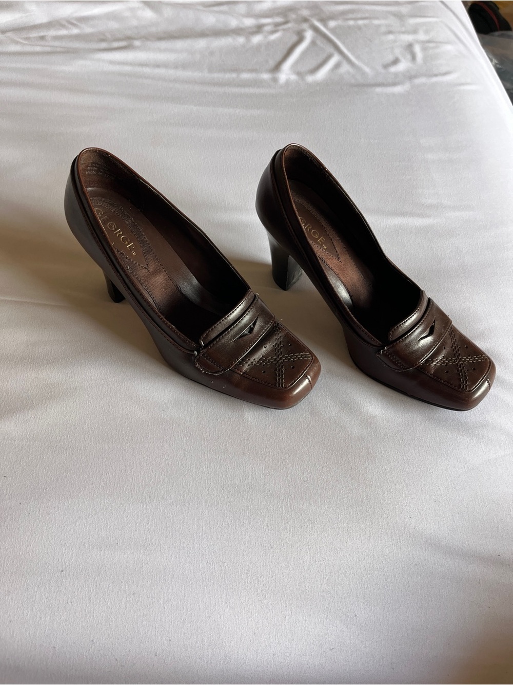 George Brown Leather Square-Toe Mid Heel Pumps